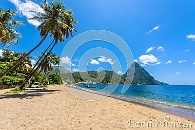 Paradise beach at Soufriere Bay with view to Piton at small town Soufriere in Saint Lucia, Tropical Caribbean Island Stock Photo