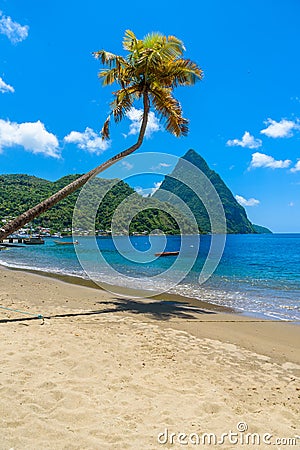 Paradise beach at Soufriere Bay with view to Piton at small town Soufriere in Saint Lucia, Tropical Caribbean Island Stock Photo