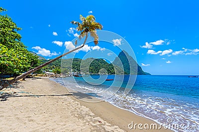 Paradise beach at Soufriere Bay with view to Piton at small town Soufriere in Saint Lucia, Tropical Caribbean Island Stock Photo