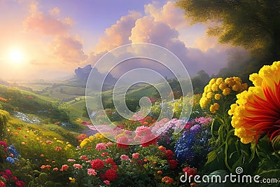 Paradise garden full of flowers, beautiful idyllic background with many flowers in eden Cartoon Illustration