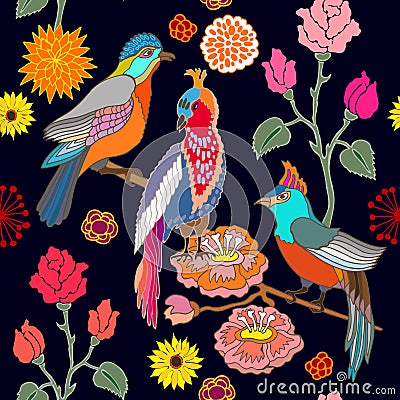 Paradise garden. Silk scarf pattern with flowers, leaves and fantasy birds. Vector Illustration