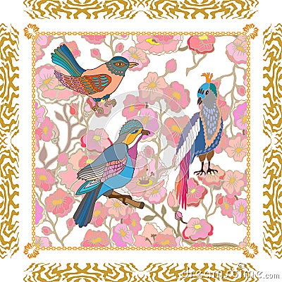 Paradise garden. Silk scarf pattern with flowers, leaves and fantasy birds. Vector Illustration