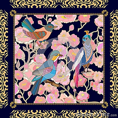 Paradise garden. Silk scarf pattern with flowers, leaves and fantasy birds. Vector Illustration