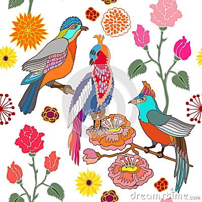Paradise garden. Silk scarf pattern with flowers, leaves and fantasy birds. Vector Illustration