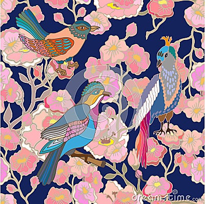 Paradise garden. Silk scarf pattern with flowers, leaves and fantasy birds. Vector Illustration