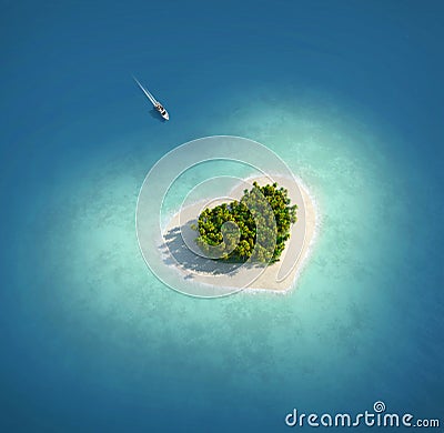 Paradise Island in the form of heart Cartoon Illustration