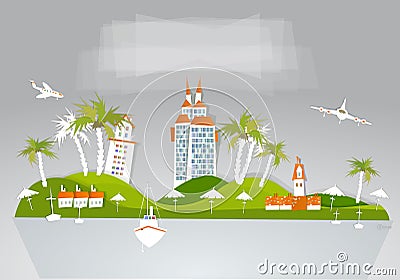 Paradise island, holiday hotel travel background White city collection Vector Illustration