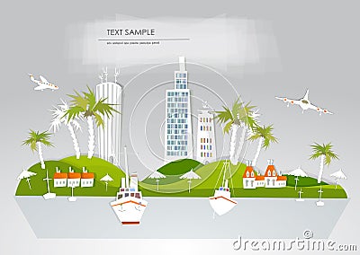 Paradise island, holiday hotel travel background White city collection Vector Illustration