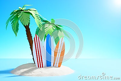 Paradise island in the ocean. Three surfboards under palm trees in the sand. Stock Photo