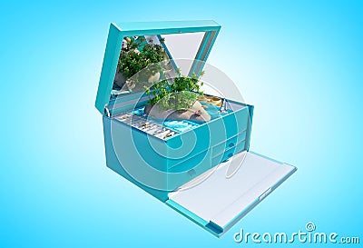 Paradise island in the shape of heart in blue jewelry box, isolated Cartoon Illustration