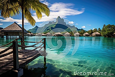 Paradise island with water bungalows at Seychelles, A peaceful and tranquil lagoon in Bora Bora, French Polynesia, AI Generated Stock Photo