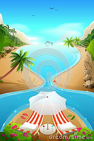 Paradise lagoon beach on tropical island. Two lounge chairs, cocktails and parasol Vector Illustration