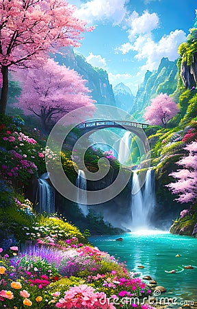 Paradise land with beautiful gardens, waterfalls and flowers, magical idyllic background with many flowers in eden. Generative Ai Cartoon Illustration