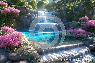 Paradise landscape with beautiful gardens, waterfalls and flowers, magical idyllic background, heavenly view with beautiful Cartoon Illustration