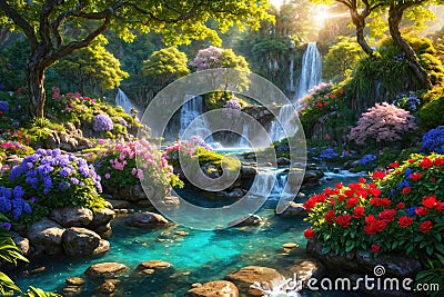 Paradise landscape with beautiful gardens, waterfalls and flowers, magical idyllic background with many flowers in eden Cartoon Illustration