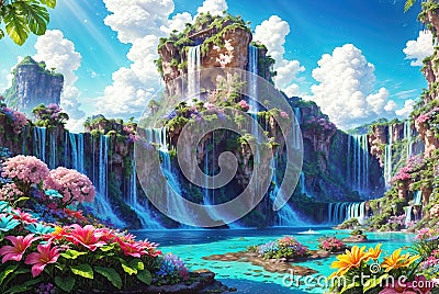 Paradise landscape with beautiful gardens, waterfalls and flowers, magical idyllic background with many flowers in eden Cartoon Illustration