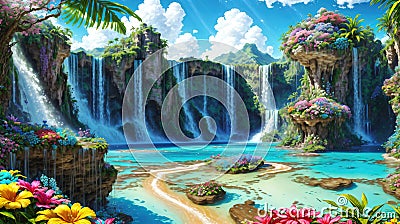 Paradise landscape with beautiful gardens, waterfalls and flowers, magical idyllic heavenly view with beautiful fantastic flowers Cartoon Illustration
