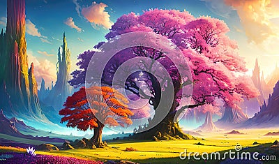Paradise landscape with beautiful trees, gardens and flowers, magical idyllic background with many multicolored surreal trees and Cartoon Illustration