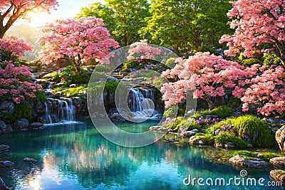 Paradise landscape with waterfalls and beautiful tropical vegetation, magical idyllic background in eden Cartoon Illustration