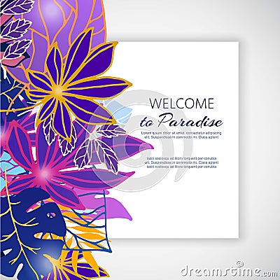 Paradise neon violet flowers and leaves vector illustration. Ornament. Fantastic flower with leaves on dark violet Vector Illustration