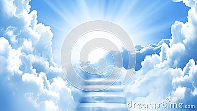 Stairway to Heaven.Stairs in sky. Concept with sun and clouds. Religion background with copy space Stock Photo