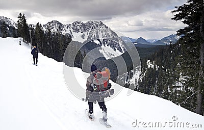 Hikers Travel Paradise Ridge Nisqually Valley Stock Photo