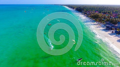 Zanzibar beach kitesurfing Paje aerial view Stock Photo