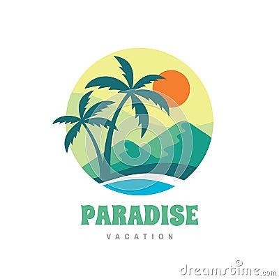 Paradise vacation - concept business logo vector illustration in flat style. Tropical summer holiday creative logo. Palms, island, Vector Illustration