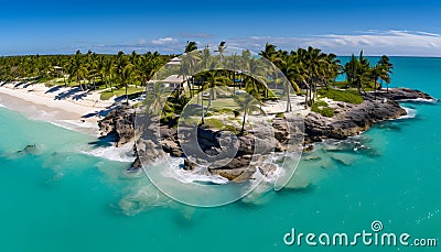 Paradises Emerald Oasis: A Captivating Aerial View of a Tropical Islands Palm-Studded Beach Stock Photo