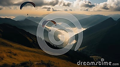 Paraglide silhouette flying over Carpathian peaks and clouds Stock Photo