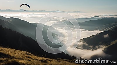 Paraglide silhouette flying over Carpathian peaks and clouds Stock Photo