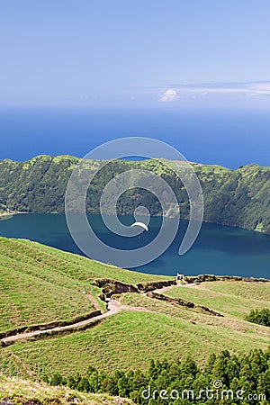 Paraglider above Lagoa Verde, Sao Miguel, Azores, Portugal Stock Photo