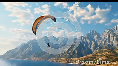 Paraglider flies over the sea against the background. Generative AI. Stock Photo
