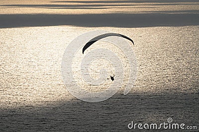 Paraglider flying alone on the sea at sunset Stock Photo