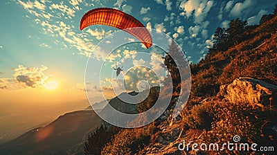Paraglider flying in the blue sky with clouds at sunset Stock Photo