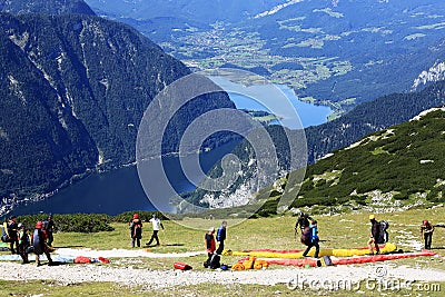 Paragliding, Hallstatter See, Scenery around the mountain Hoher Krippenstein, Salzkammergut, Salzburg, Austria Editorial Stock Photo