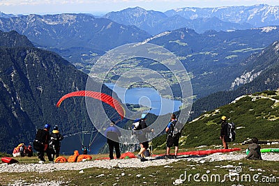 Paragliding, Hallstatter See, Scenery around the mountain Hoher Krippenstein, Salzkammergut, Salzburg, Austria Editorial Stock Photo