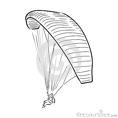 Paragliding man sketch. Paraglide wing and harness for sky flights. Monochrome hand drawn vector illustration isolated Vector Illustration