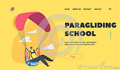 Paragliding School Landing Page Template. Skydiving, Extreme Recreation. Skydiver Character Jumping with Parachute Vector Illustration