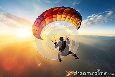 Paragliding in the Sky at Sunset Stock Photo