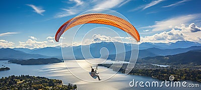 Paragliding thrill in stunning alpine scenery with lakes and aircraft on a sunny summer day Stock Photo
