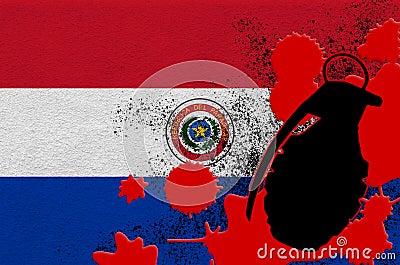 Paraguay flag and MK2 frag grenade in red blood. Concept for terror attack or military operations with lethal outcome Stock Photo