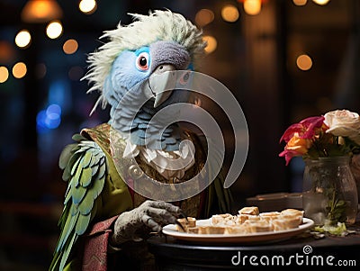 Parakeet waitress serves bird seed on platter Stock Photo