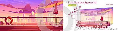 Parallax background sunset city form ship deck Vector Illustration