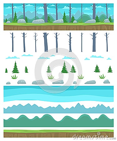 Parallax ready Game background layers. Landscape with a forest trees and mountains. Seamless pattern tileable. Unending Vector Illustration