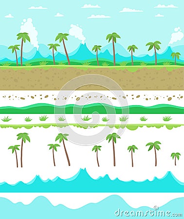 Parallax ready Game background layers. Seamless pattern tileable. Landscape with a jungle palm trees and volcano Vector Illustration