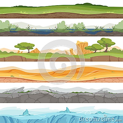 Parallax seamless ground. Game landscape ice grass water desert dirt rock vector cartoon background Vector Illustration