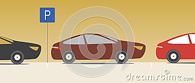 Parallel car parking, flat vector stock illustration with parking road sign and motorists park cars Cartoon Illustration