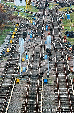 Parallel railway lines with junctions and switches Stock Photo