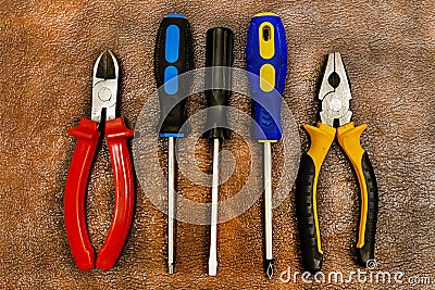 Parallel screwdriver pair rubber grip blue black pliers repair electricity furniture assembly repair equipment Stock Photo